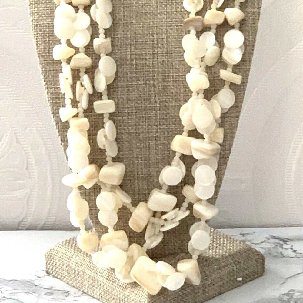 Vintage Japan 3 Strand Polished Shell Necklace Ivory Cream 20" Hook MCM